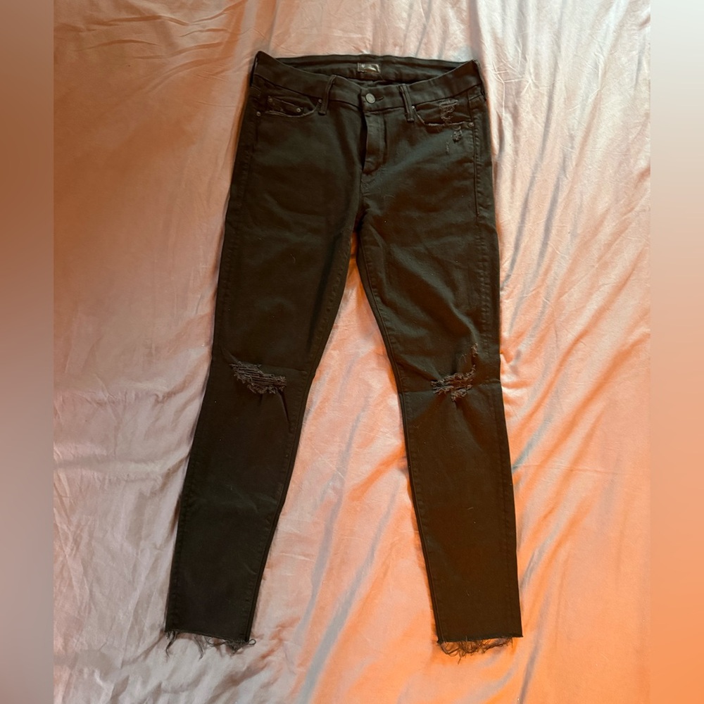 MOTHER Black Distressed Skinny Jeans